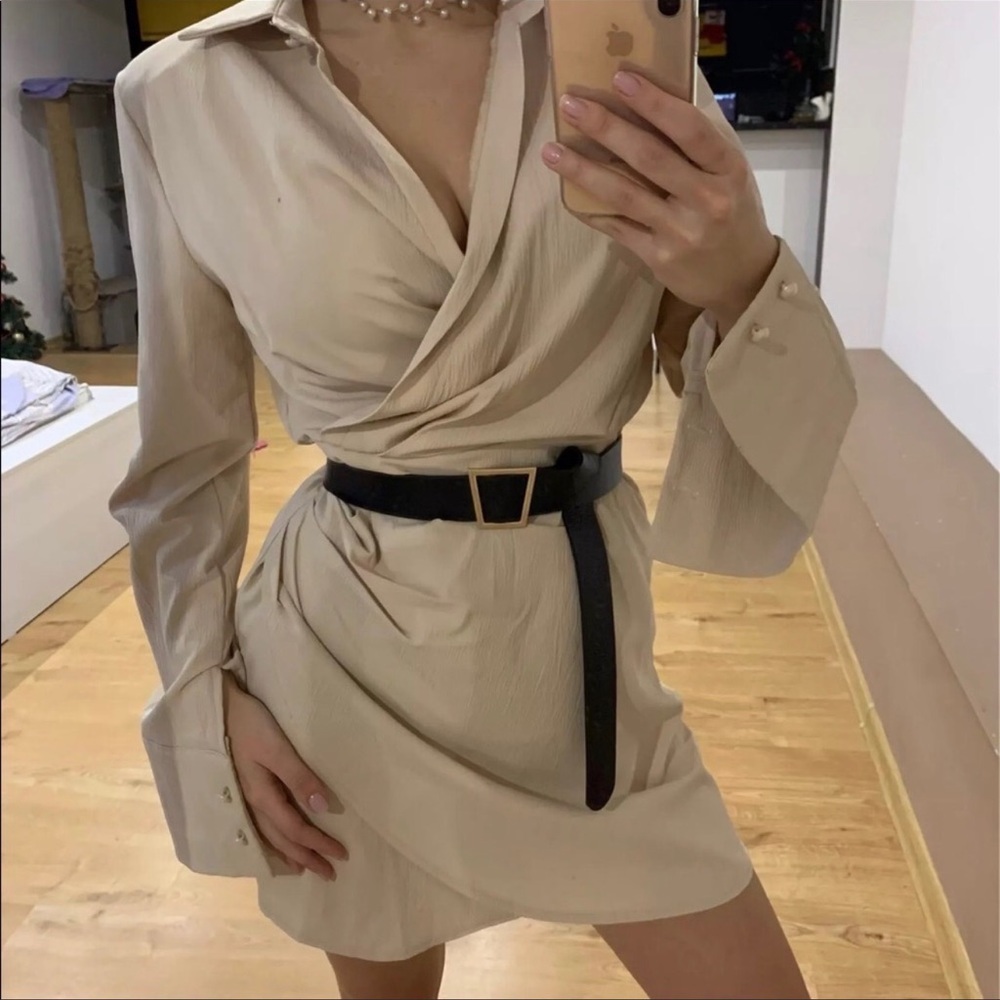 Natural Naha Draped Sexy Mini Faux Shirt Wrap Ruched Dress, Oat Cream Color